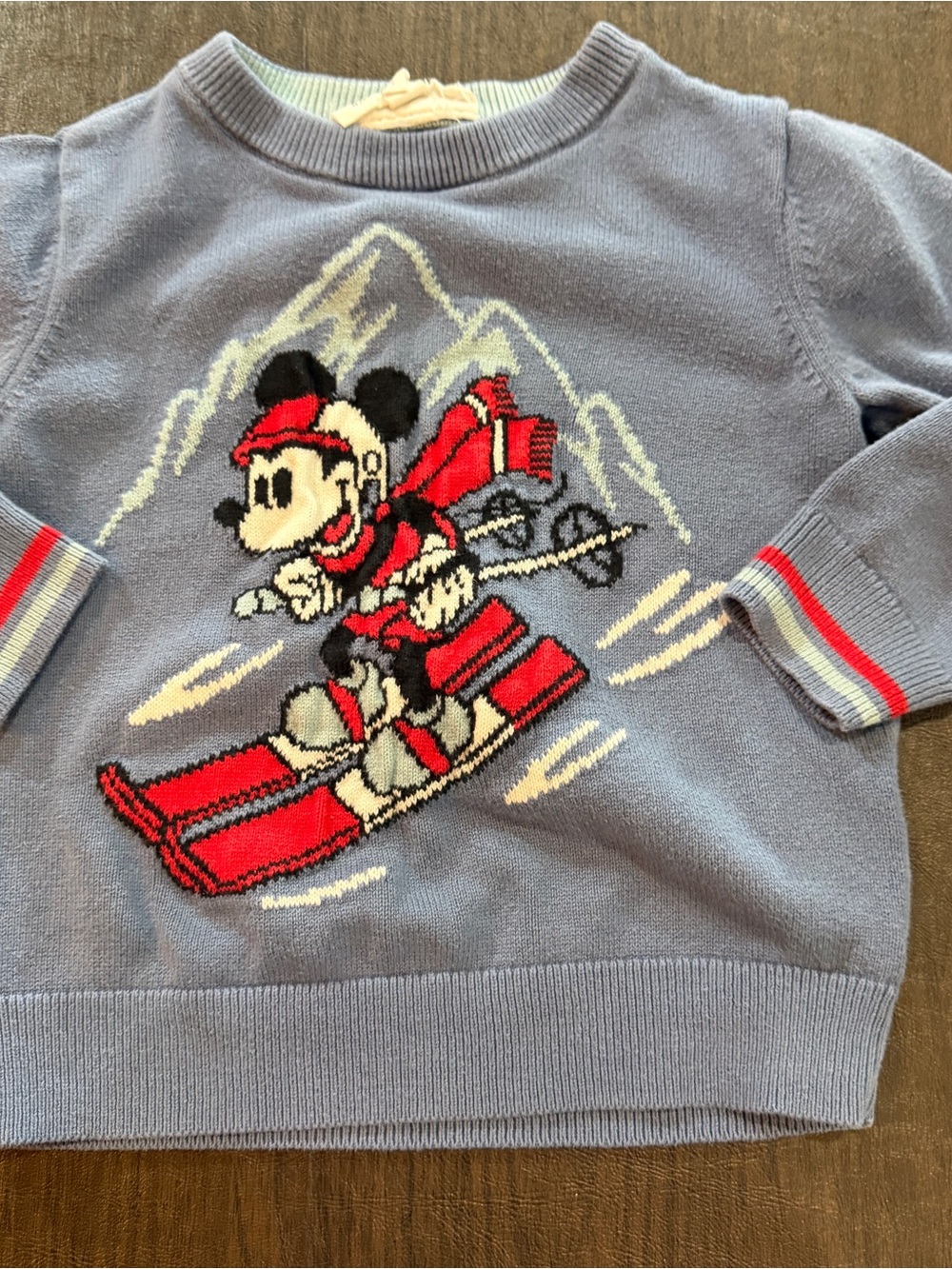Disney Gap Light Blue Sweater with Red Skiing Mickey Graphic Sz 3
